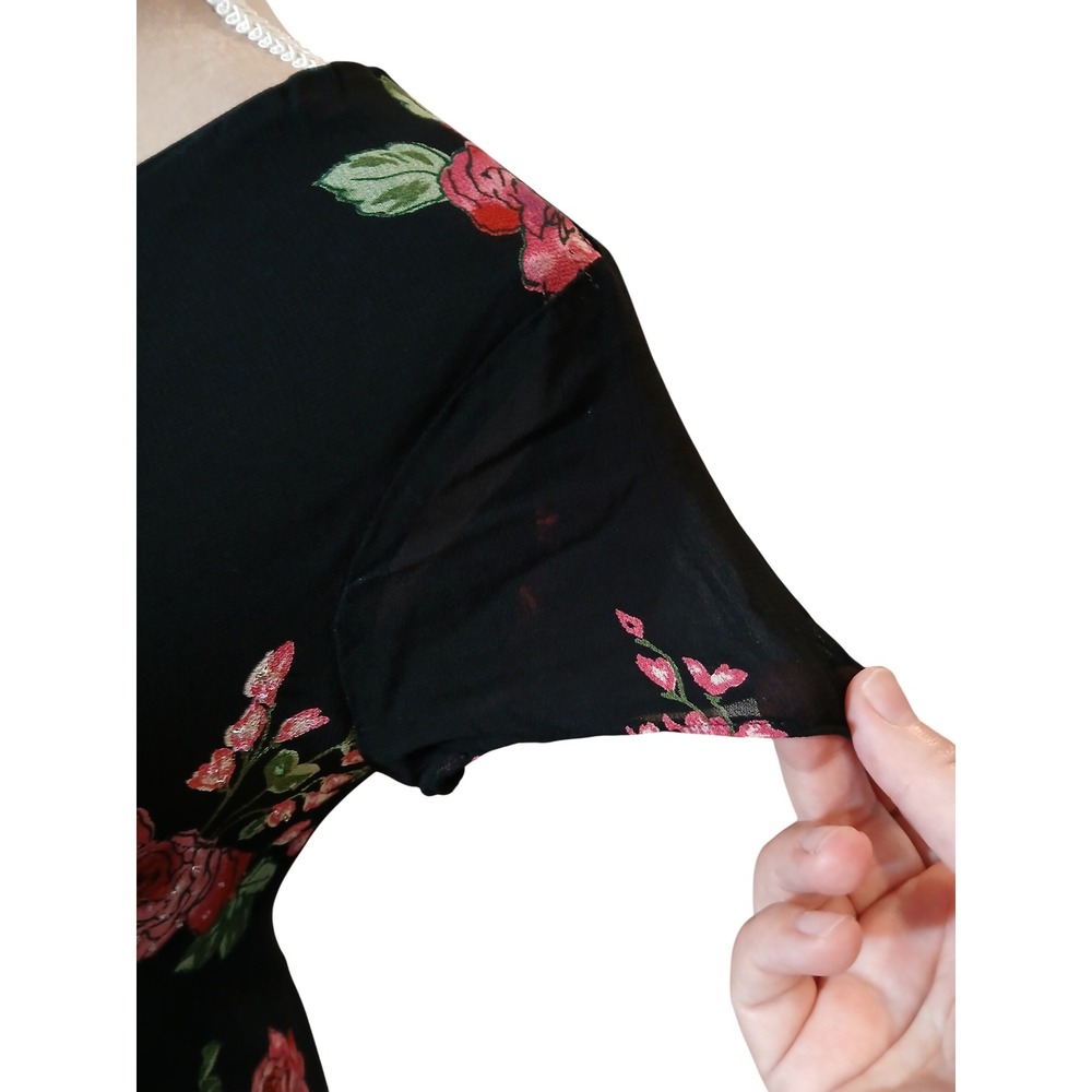 VTg y2k Bias Cut Black Dark Pink Floral Rose Midi Dress Beaded V-Neck sz 8 - Picture 2 of 12